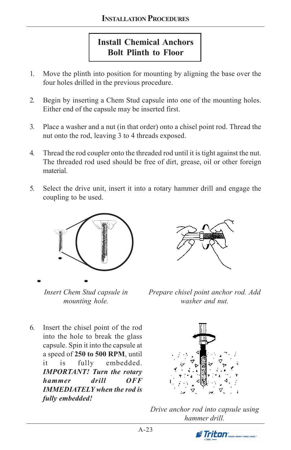 Install chemical anchors bolt plinth to floor | Triton 8100 User/Installation Manual User Manual | Page 135 / 150