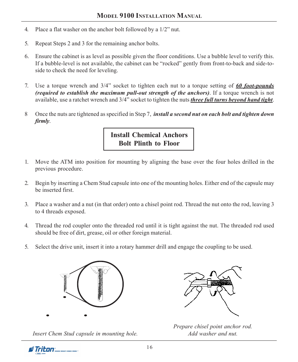 9100 i, Install chemical anchors bolt plinth to floor | Triton 9100 Installation Manual User Manual | Page 16 / 50