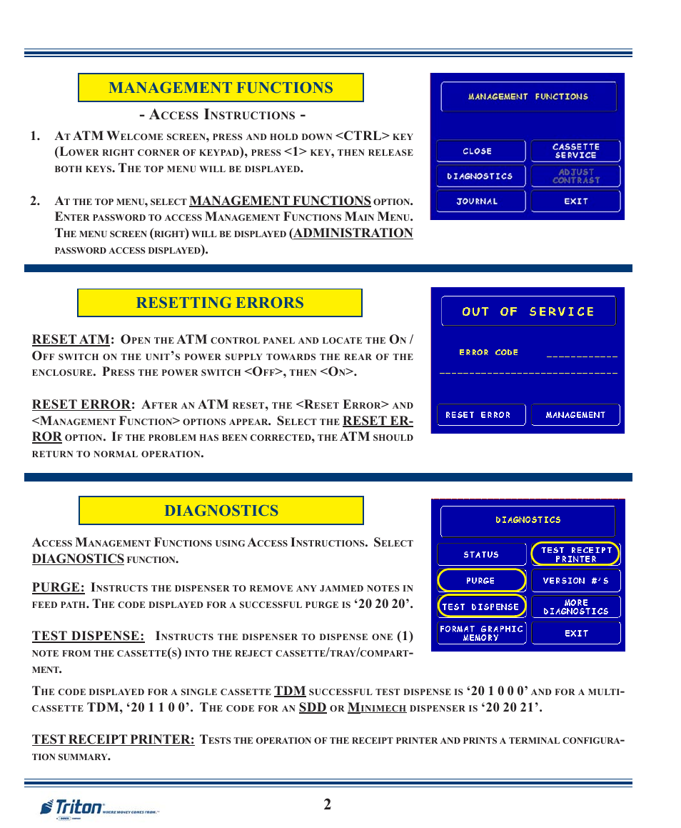 Management functions - a, Resetting errors diagnostics | Triton 9100 Quick Reference Guide User Manual | Page 2 / 8
