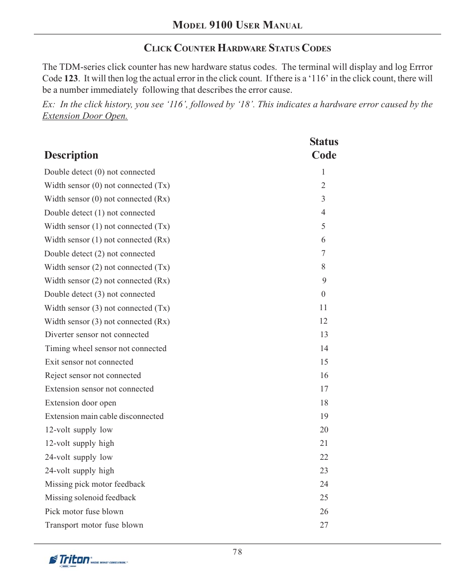 9100 u, Status code description | Triton 9100 User Manual User Manual | Page 86 / 172