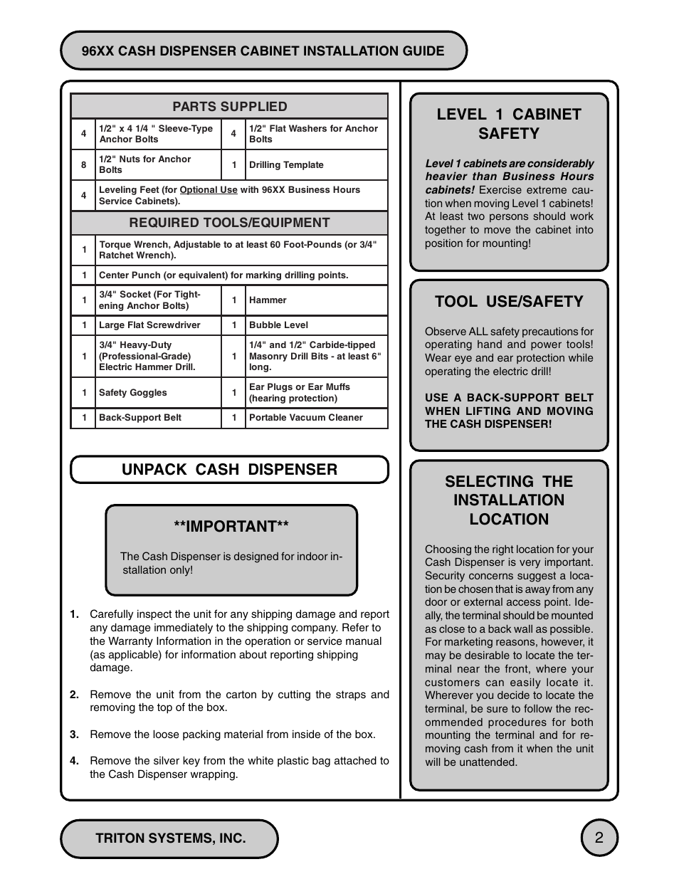 Unpack cash dispenser **important, Selecting the installation location, Tool use/safety | Level 1 cabinet safety | Triton 96XX CASH DISPENSER CABINET Installation Manual User Manual | Page 2 / 6