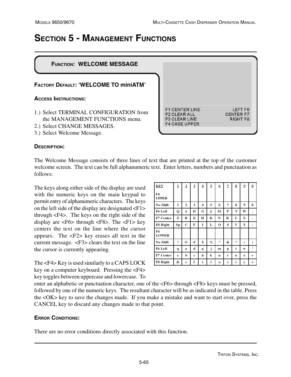 5 - m, Ection, Anagement | Unctions, Welcome message f, Welcome to miniatm’ a | Triton 9670 Operation Manual User Manual | Page 112 / 264