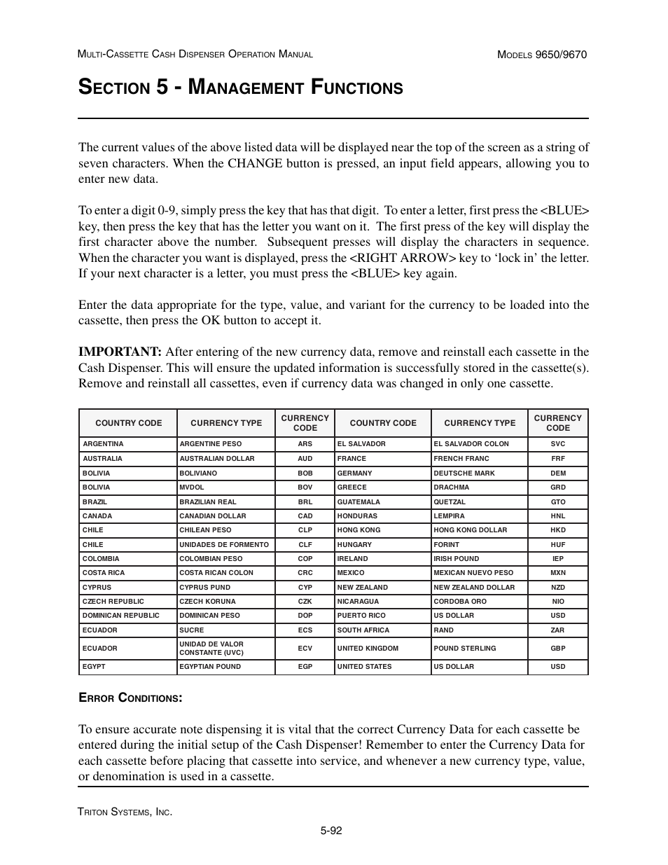 5 - m, Ection, Anagement | Unctions, 92 t, Rror, Onditions | Triton 9670 Operation Manual User Manual | Page 139 / 264