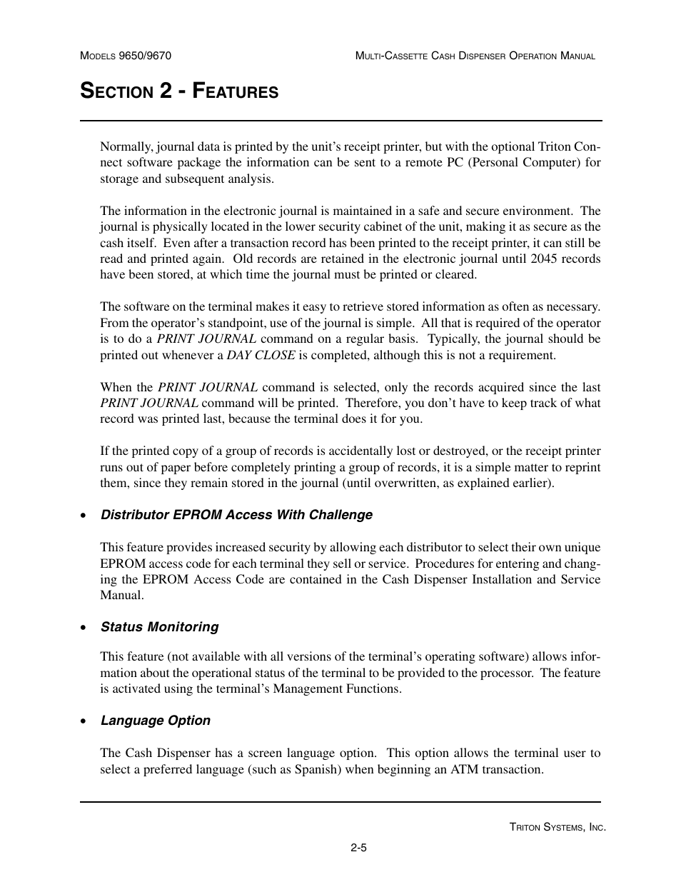 2 - f, Ection, Eatures | Triton 9670 Operation Manual User Manual | Page 19 / 264