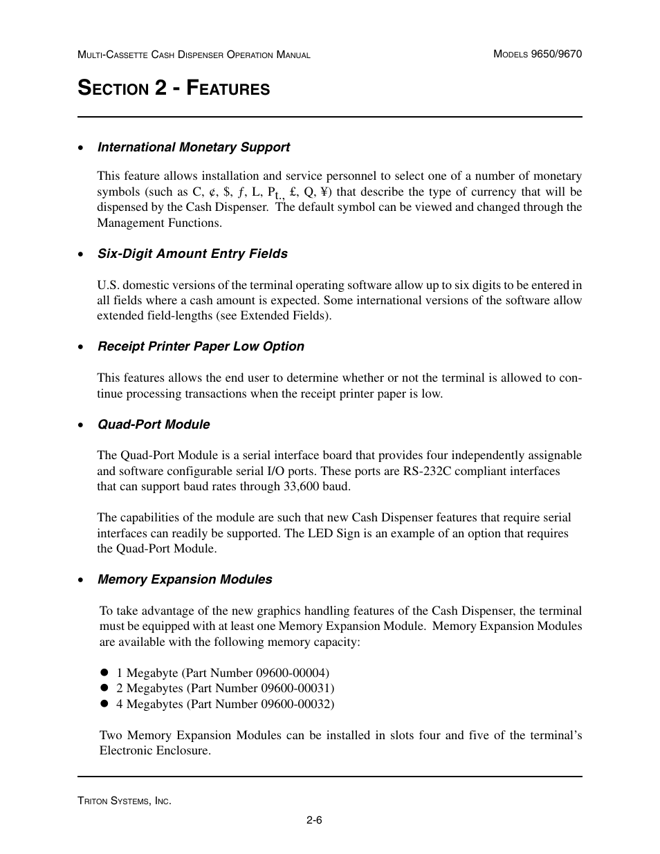 2 - f, Ection, Eatures | Triton 9670 Operation Manual User Manual | Page 20 / 264