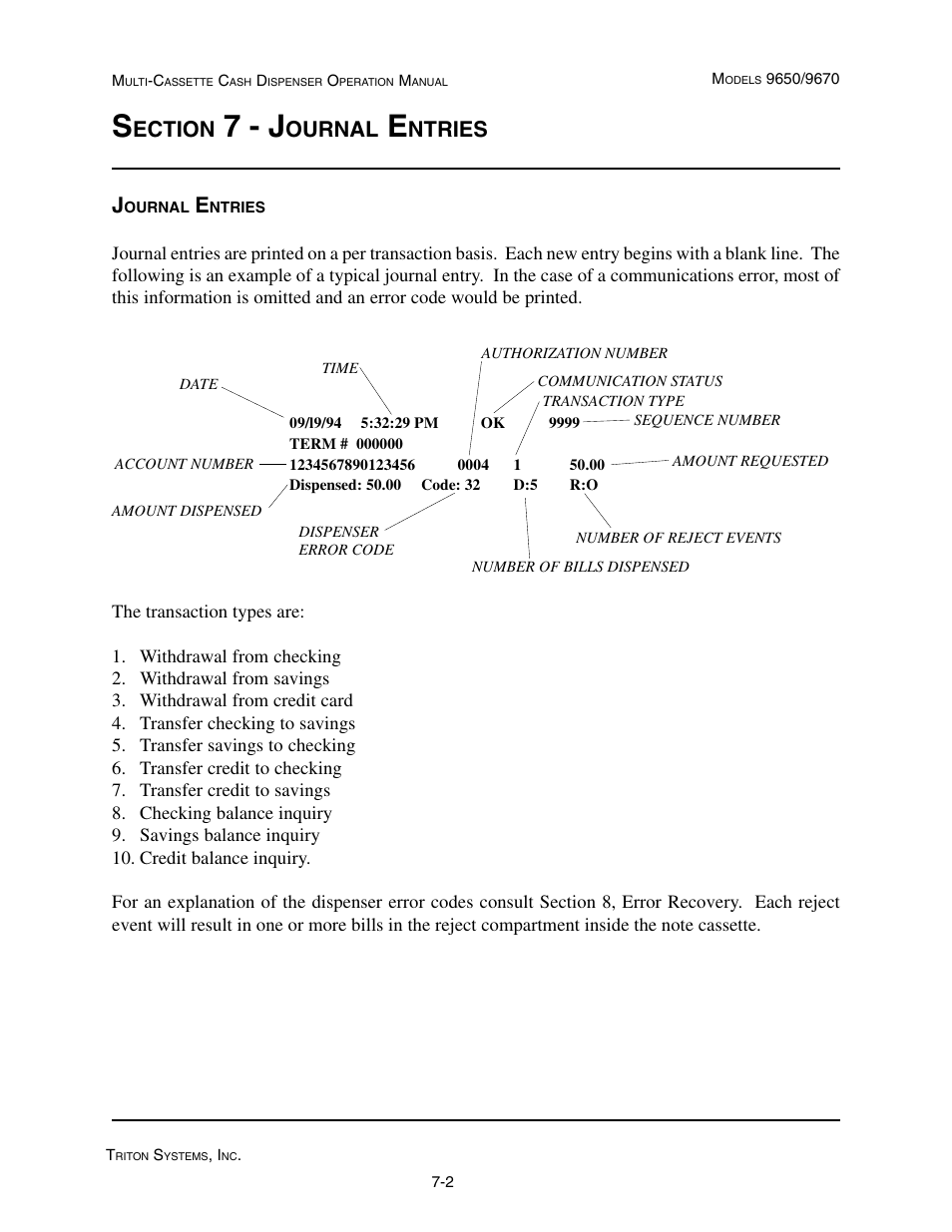 7 - j, Ection, Ournal | Ntries | Triton 9670 Operation Manual User Manual | Page 209 / 264