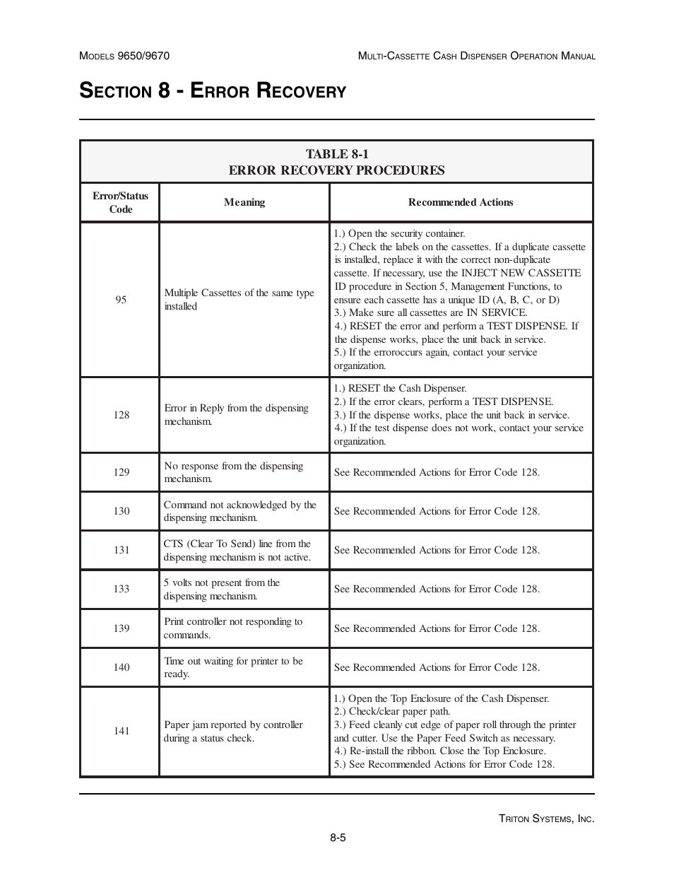 8 - e, Ection, Rror | Ecovery | Triton 9670 Operation Manual User Manual | Page 214 / 264