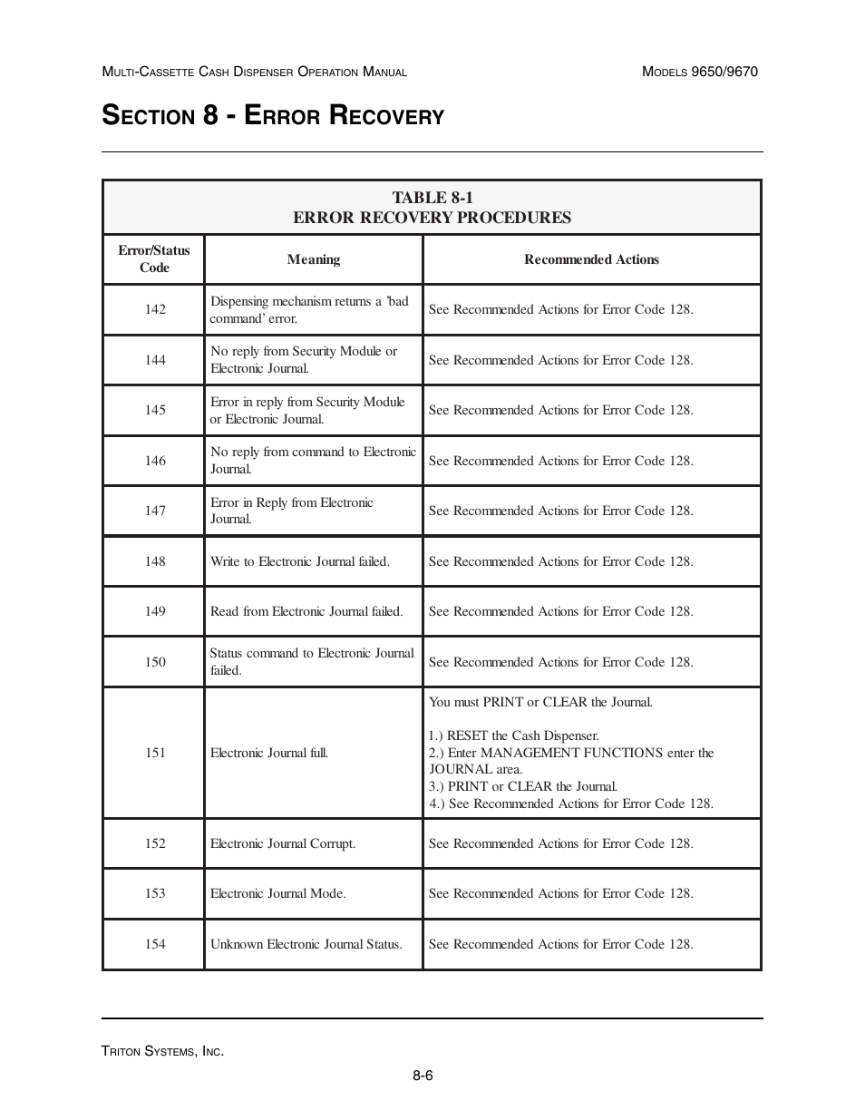 8 - e, Ection, Rror | Ecovery | Triton 9670 Operation Manual User Manual | Page 215 / 264