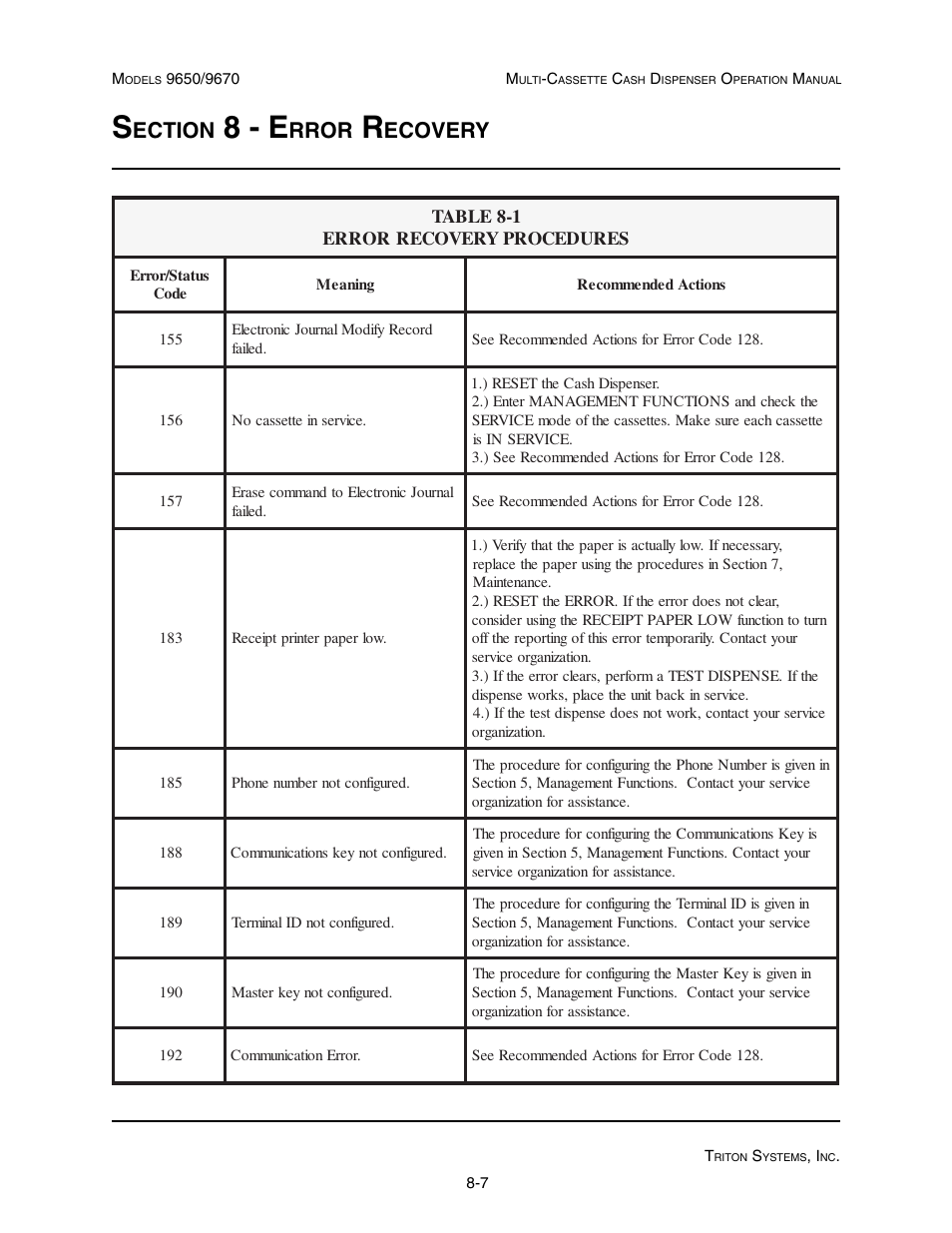 8 - e, Ection, Rror | Ecovery | Triton 9670 Operation Manual User Manual | Page 216 / 264