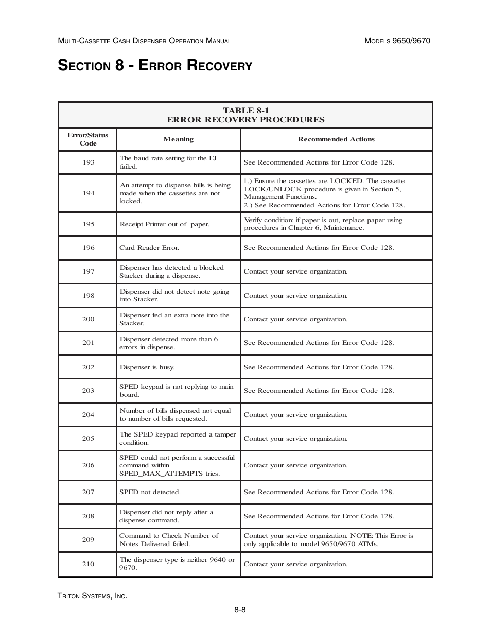 8 - e, Ection, Rror | Ecovery | Triton 9670 Operation Manual User Manual | Page 217 / 264