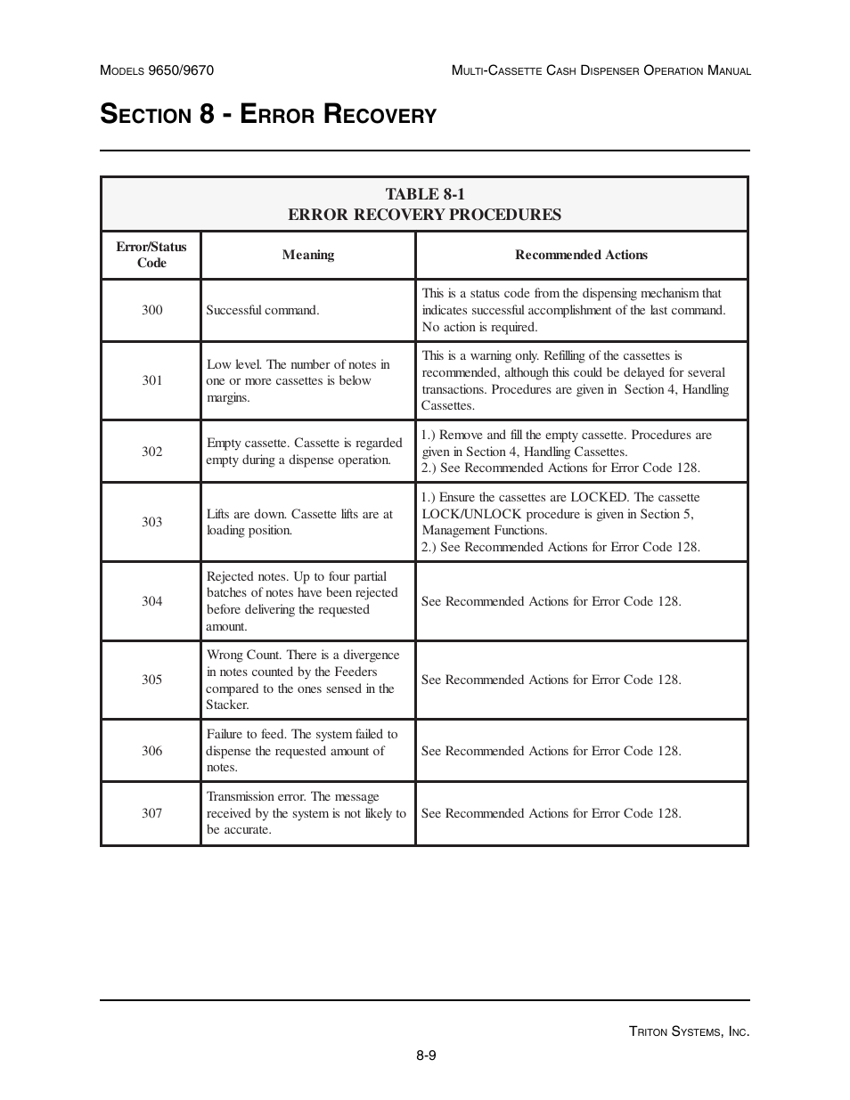 8 - e, Ection, Rror | Ecovery | Triton 9670 Operation Manual User Manual | Page 218 / 264