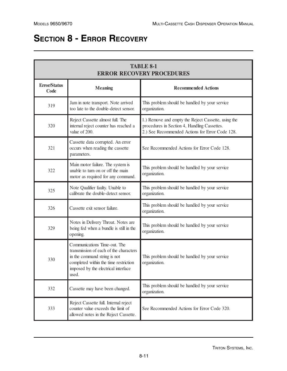 8 - e, Ection, Rror | Ecovery | Triton 9670 Operation Manual User Manual | Page 220 / 264