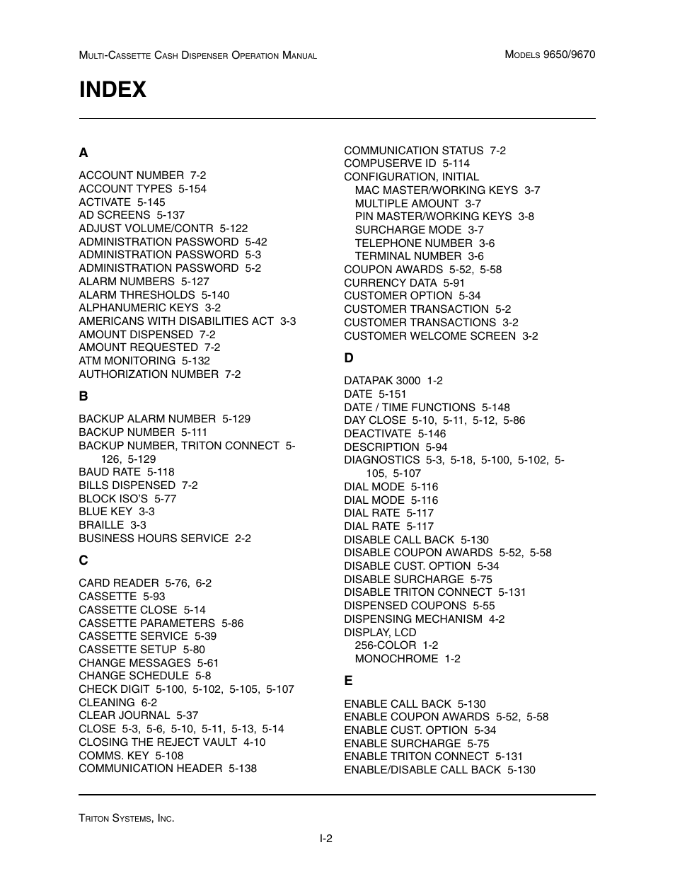 Index | Triton 9670 Operation Manual User Manual | Page 261 / 264