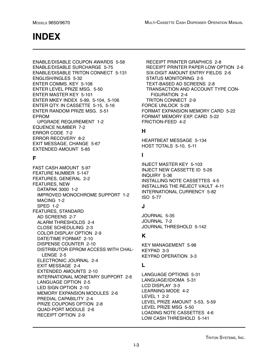 Index | Triton 9670 Operation Manual User Manual | Page 262 / 264