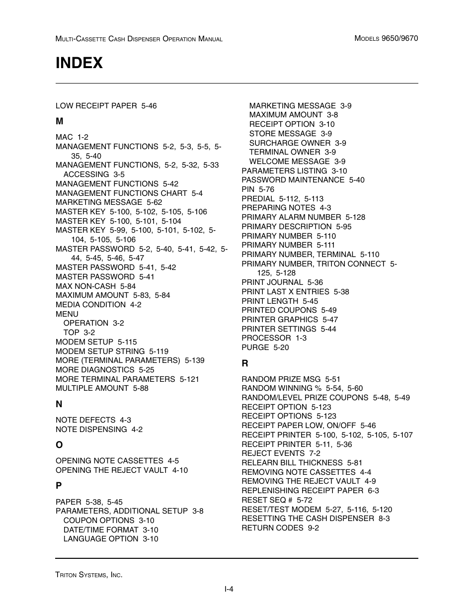 Index | Triton 9670 Operation Manual User Manual | Page 263 / 264