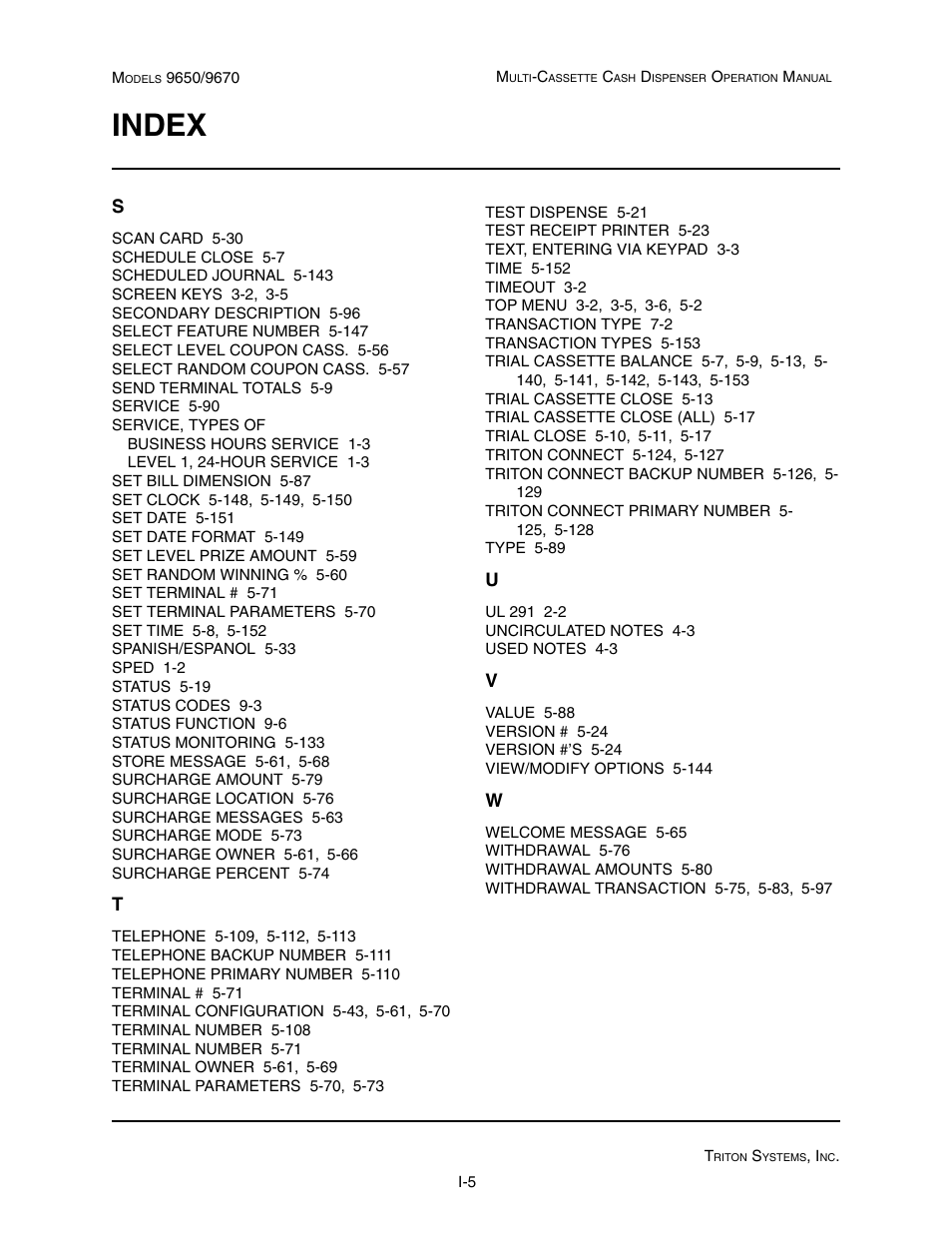 Index | Triton 9670 Operation Manual User Manual | Page 264 / 264