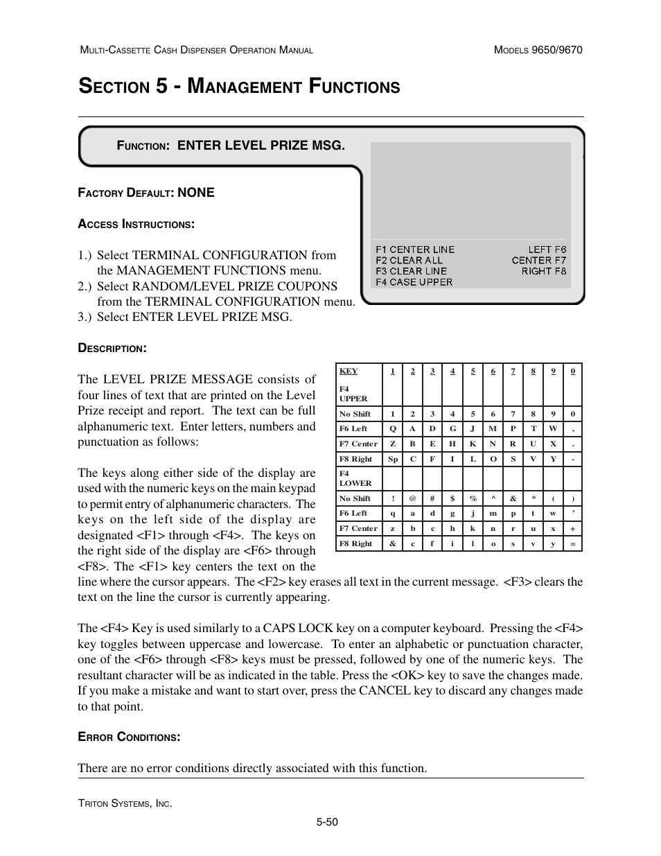 5 - m, Ection, Anagement | Unctions, Enter level prize msg. f, None a | Triton 9670 Operation Manual User Manual | Page 97 / 264