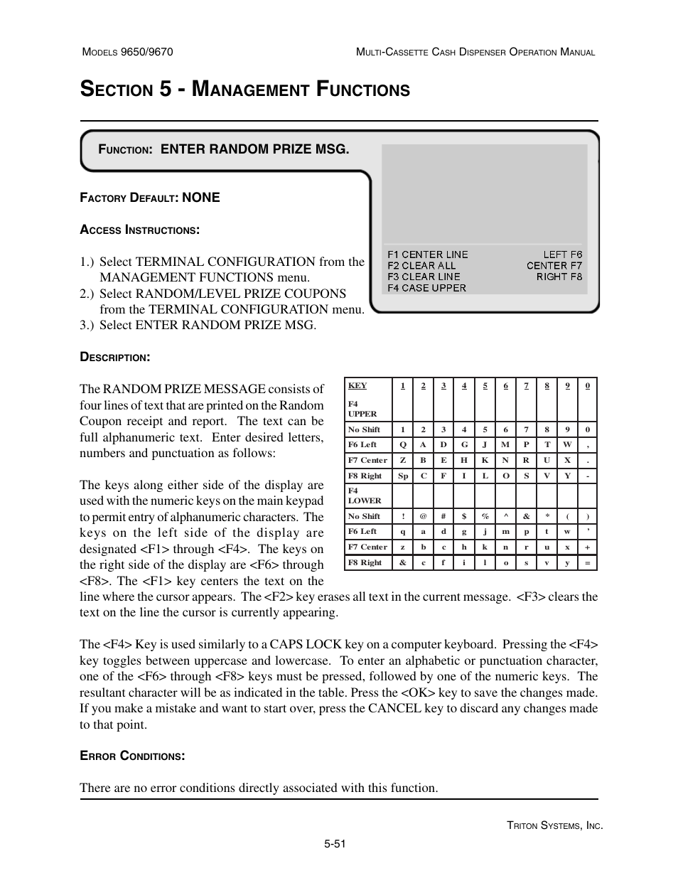 5 - m, Ection, Anagement | Unctions, Enter random prize msg. f, None a | Triton 9670 Operation Manual User Manual | Page 98 / 264