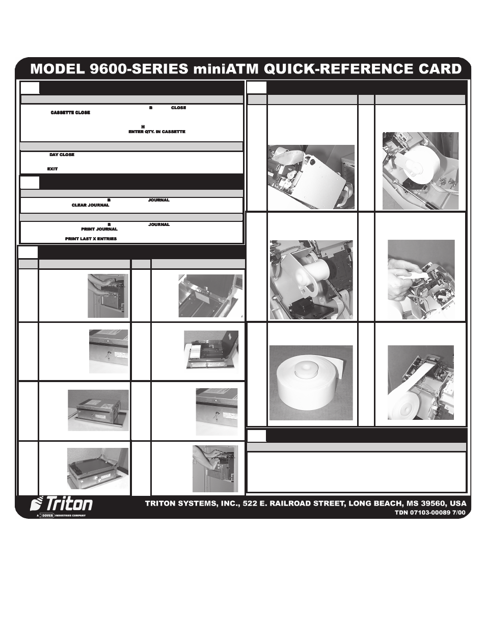 Cassette/day close, Journal, Service provider | Replacing receipt printer paper, Replenishing cassettes | Triton 9600 Series Quick Reference Guide User Manual | Page 2 / 2