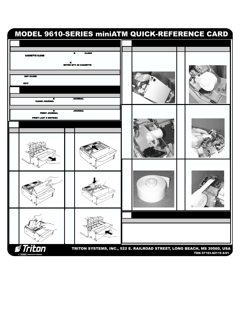 Cassette/day close, Journal, Service provider | Replacing receipt printer paper, Replenishing cassettes | Triton 9610 Series Quick Reference Guide User Manual | Page 2 / 2