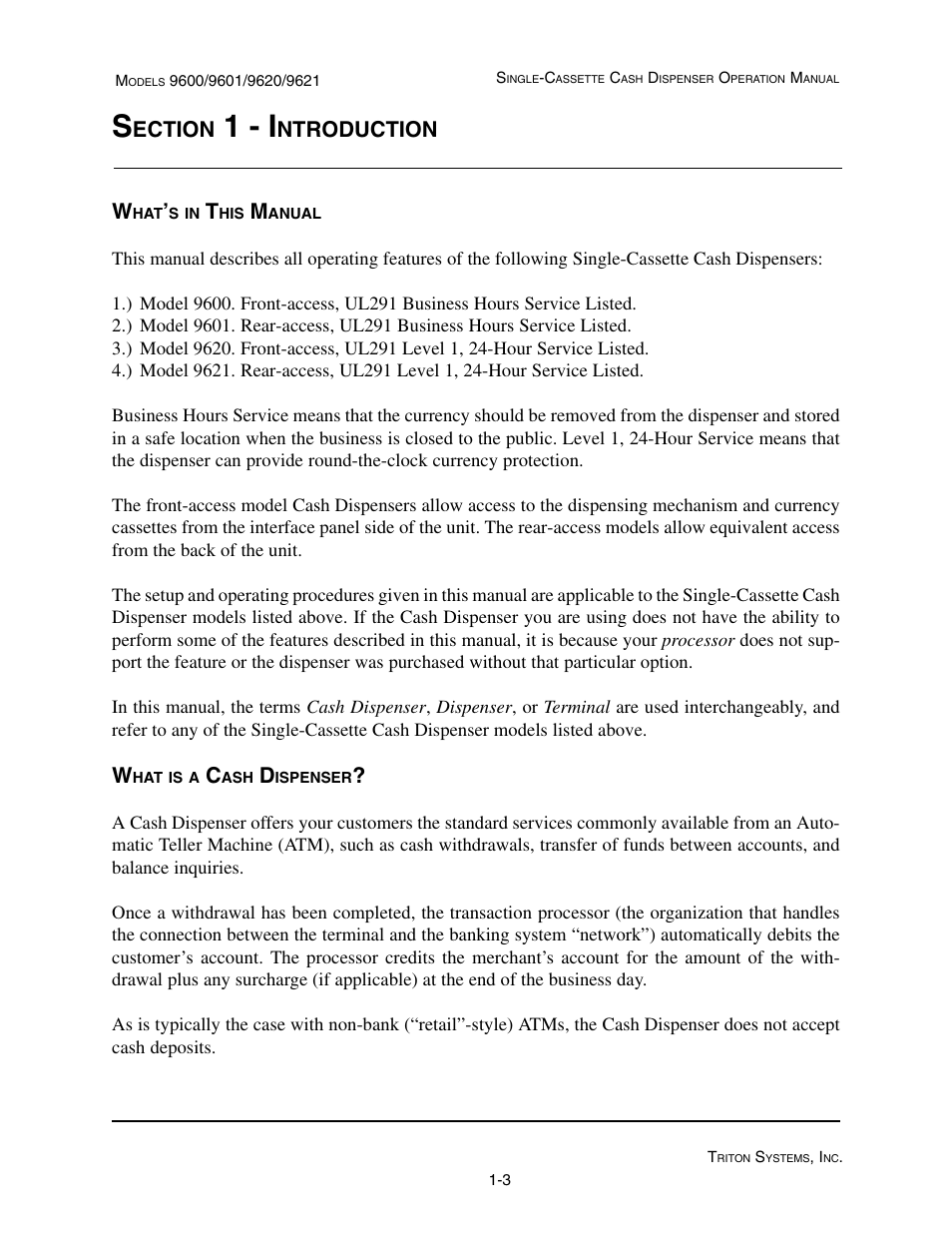 1 - i, Ection, Ntroduction w | Triton 9621 Operation Manual User Manual | Page 11 / 209