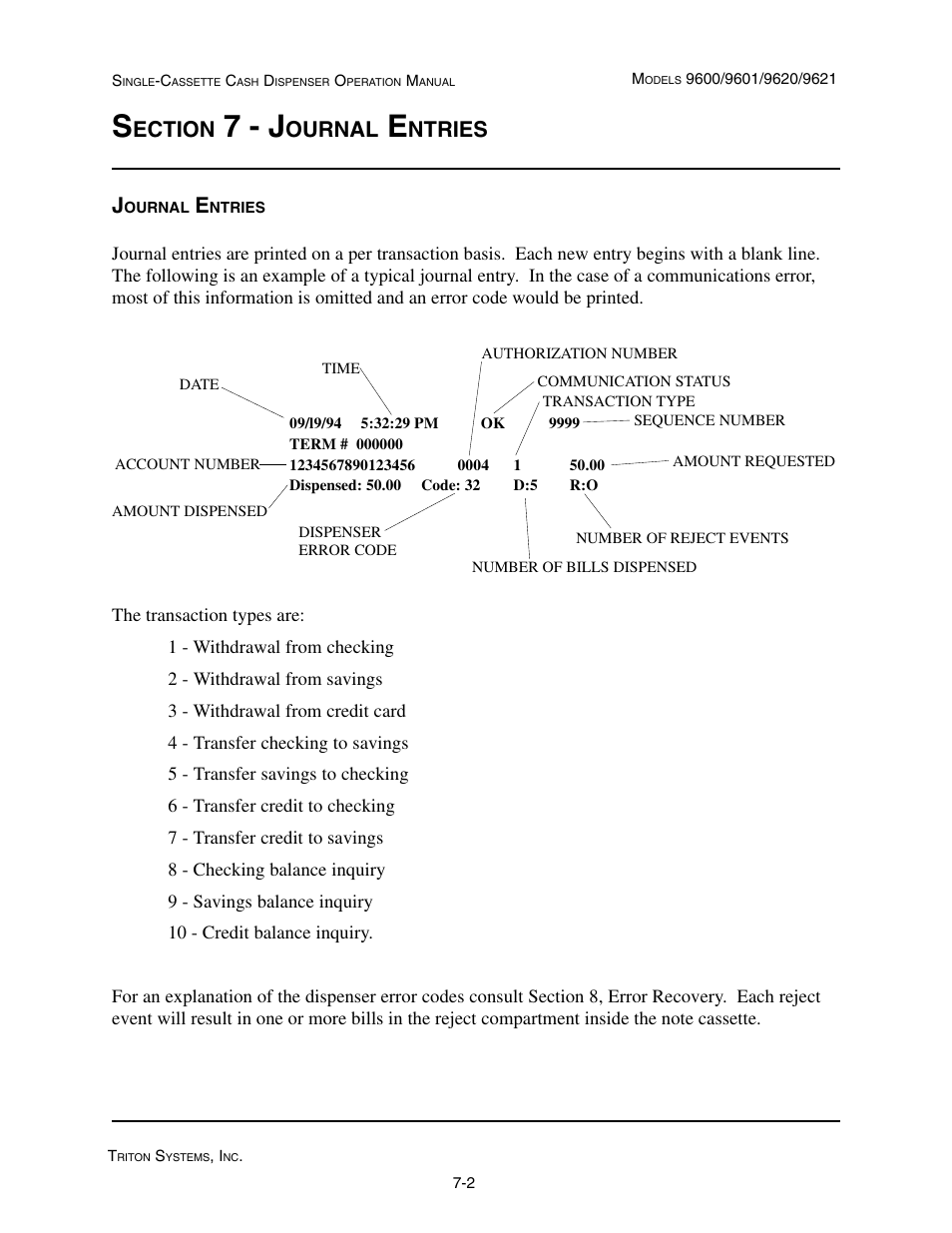 7 - j, Ection, Ournal | Ntries | Triton 9621 Operation Manual User Manual | Page 180 / 209