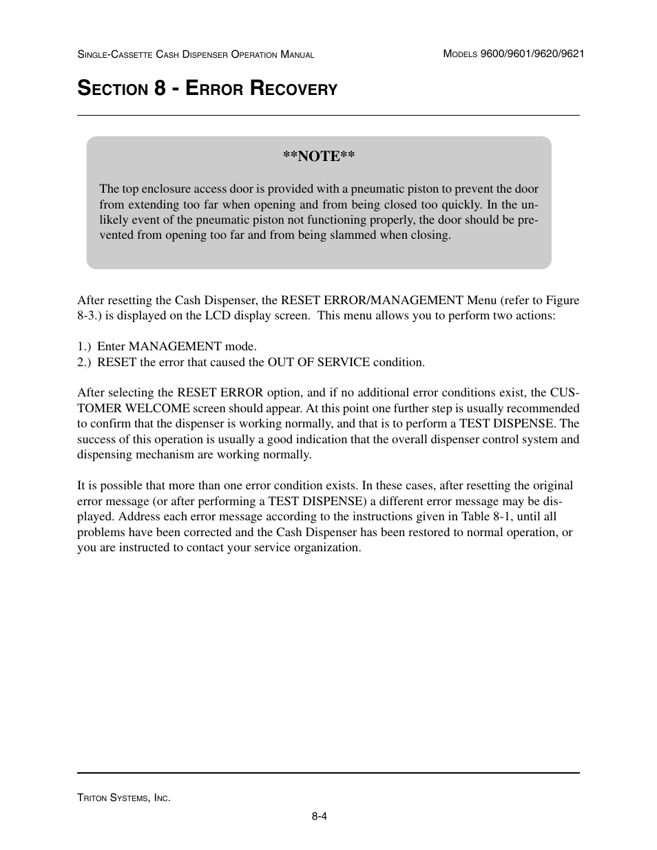 8 - e, Ection, Rror | Ecovery | Triton 9621 Operation Manual User Manual | Page 184 / 209