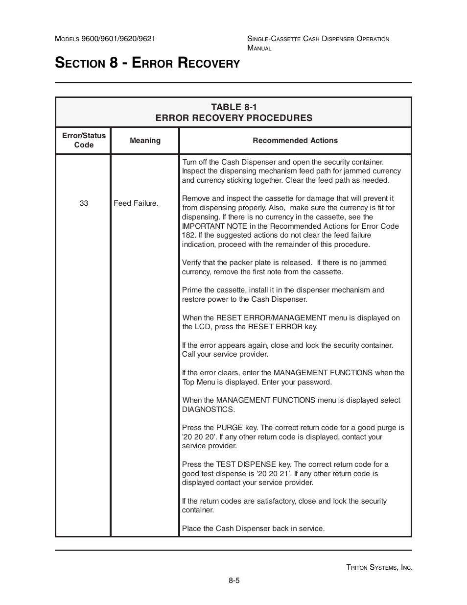 8 - e, Ection, Rror | Ecovery | Triton 9621 Operation Manual User Manual | Page 185 / 209