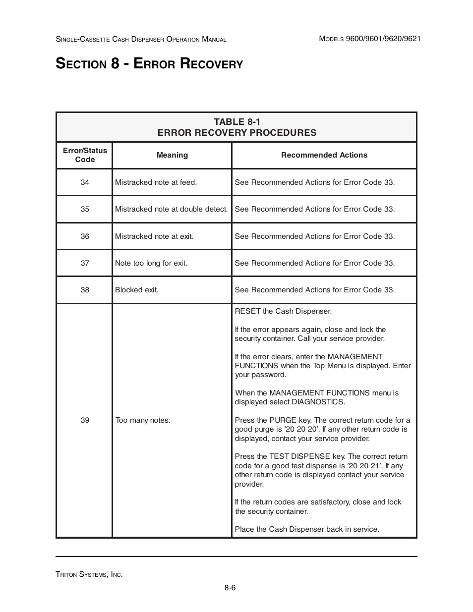 8 - e, Ection, Rror | Ecovery | Triton 9621 Operation Manual User Manual | Page 186 / 209