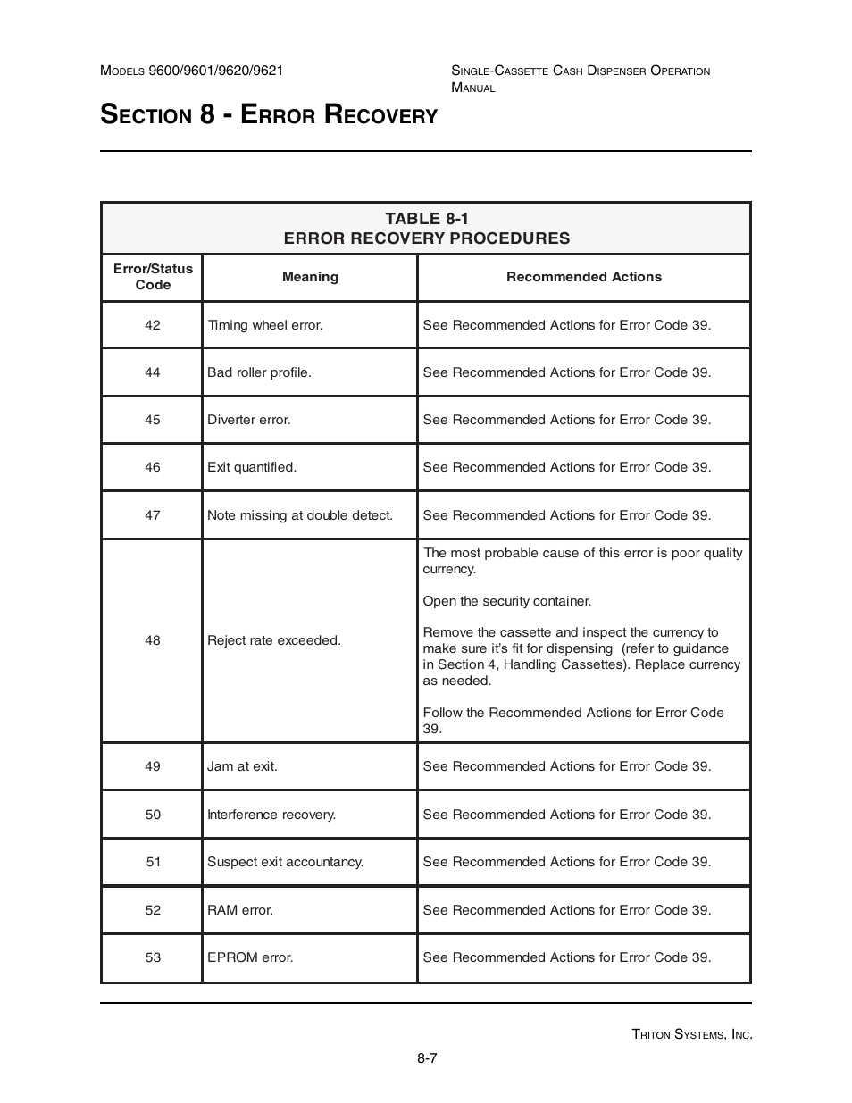 8 - e, Ection, Rror | Ecovery | Triton 9621 Operation Manual User Manual | Page 187 / 209