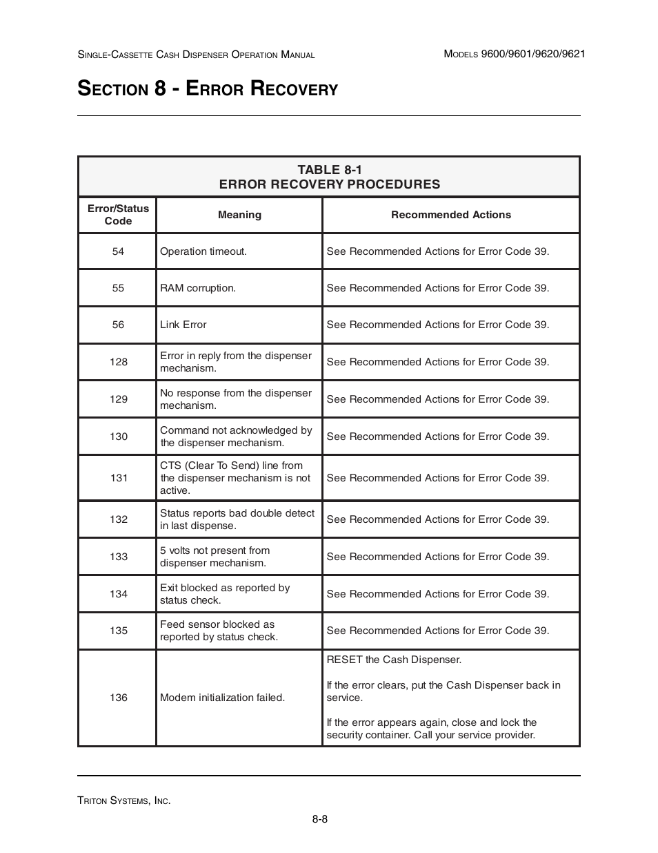 8 - e, Ection, Rror | Ecovery | Triton 9621 Operation Manual User Manual | Page 188 / 209