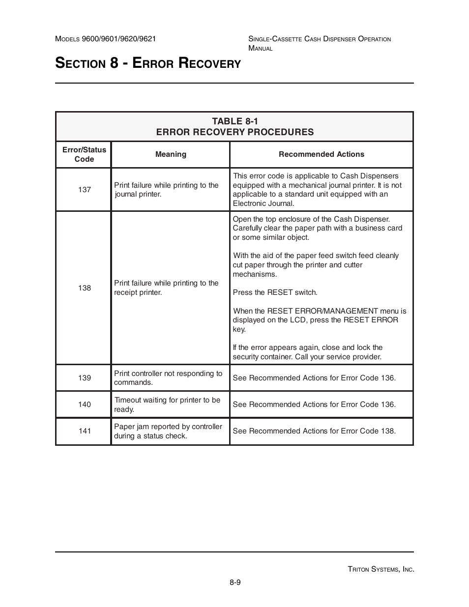 8 - e, Ection, Rror | Ecovery | Triton 9621 Operation Manual User Manual | Page 189 / 209