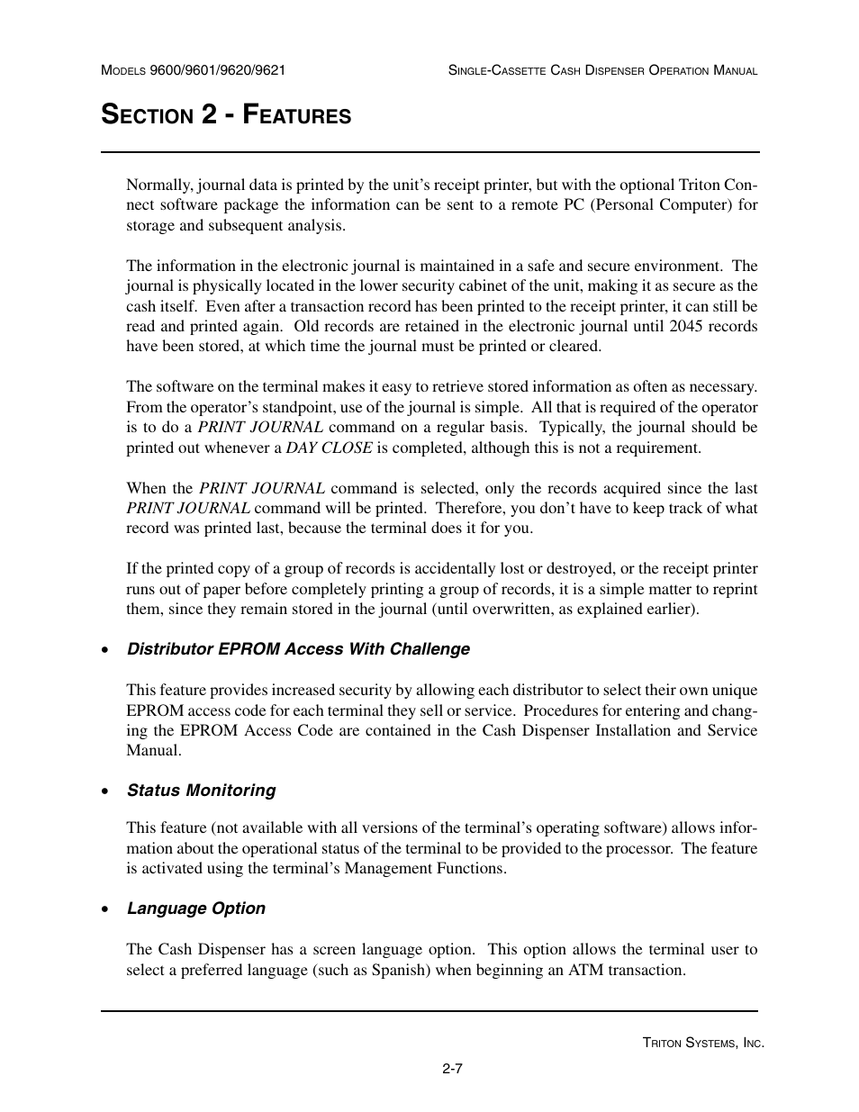 2 - f, Ection, Eatures | Triton 9621 Operation Manual User Manual | Page 19 / 209