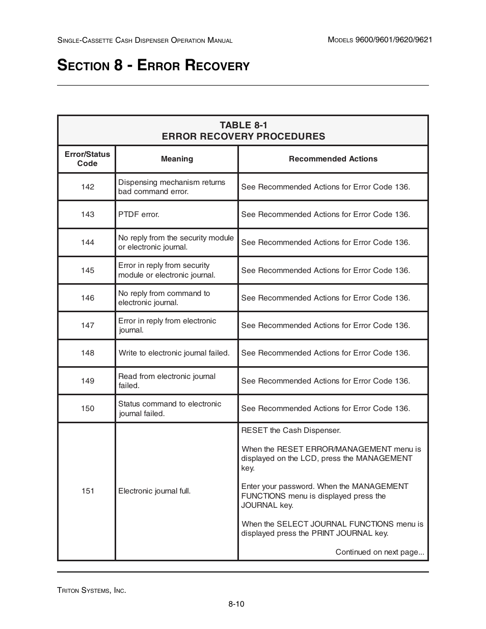 8 - e, Ection, Rror | Ecovery | Triton 9621 Operation Manual User Manual | Page 190 / 209