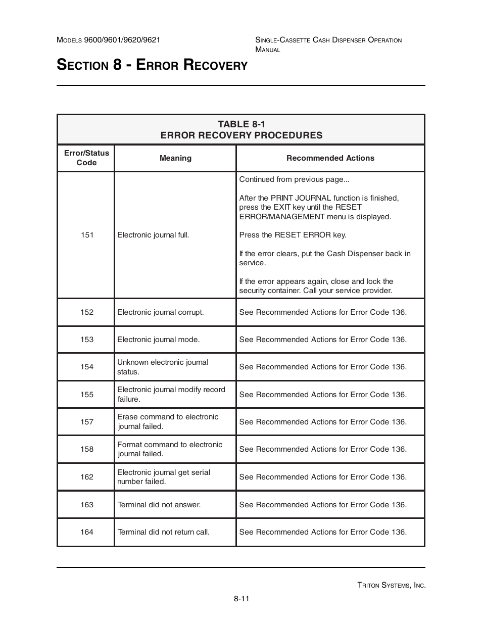 8 - e, Ection, Rror | Ecovery | Triton 9621 Operation Manual User Manual | Page 191 / 209