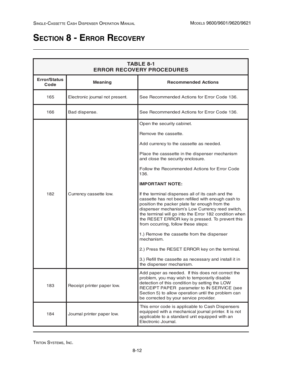 8 - e, Ection, Rror | Ecovery | Triton 9621 Operation Manual User Manual | Page 192 / 209