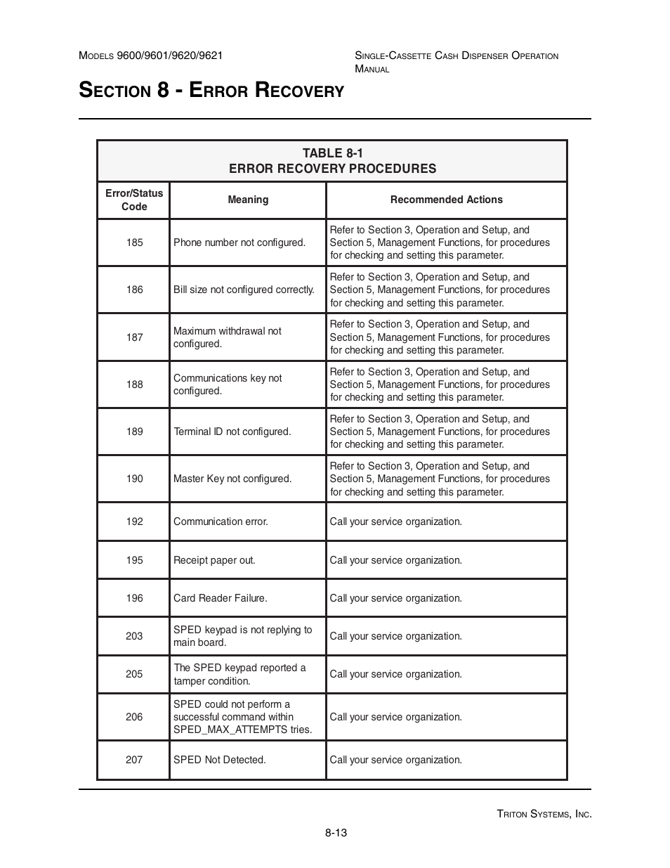 8 - e, Ection, Rror | Ecovery | Triton 9621 Operation Manual User Manual | Page 193 / 209