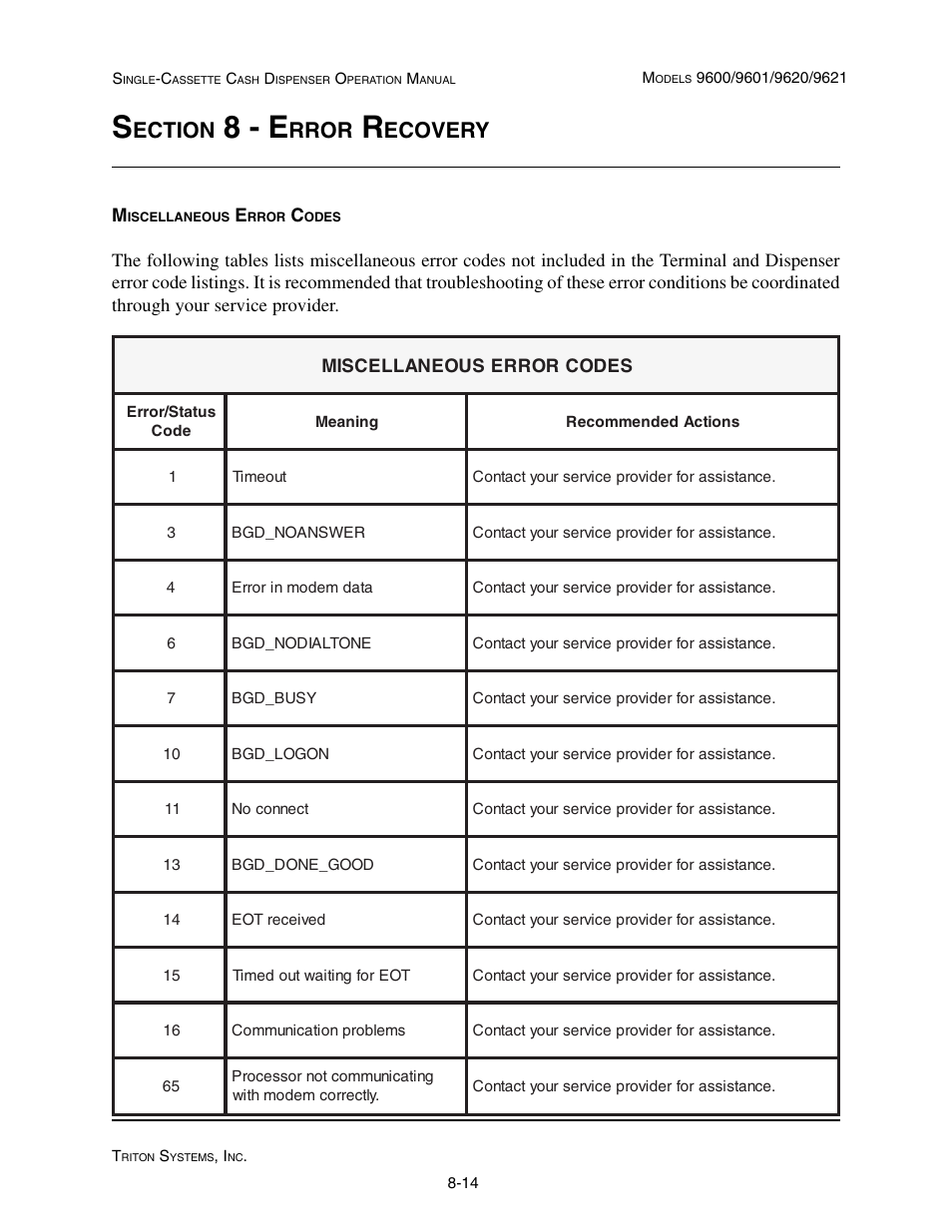 8 - e, Ection, Rror | Ecovery | Triton 9621 Operation Manual User Manual | Page 194 / 209