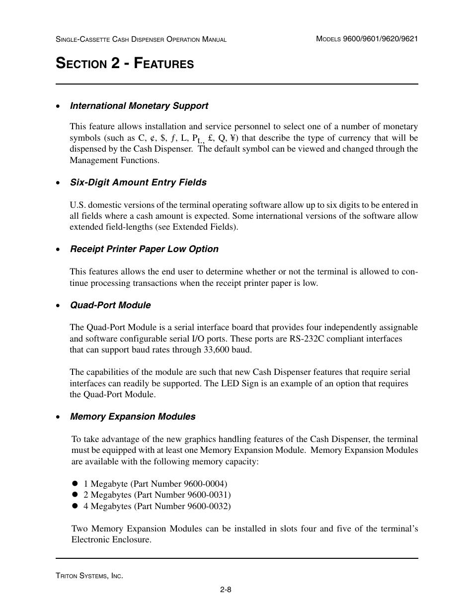 2 - f, Ection, Eatures | Triton 9621 Operation Manual User Manual | Page 20 / 209