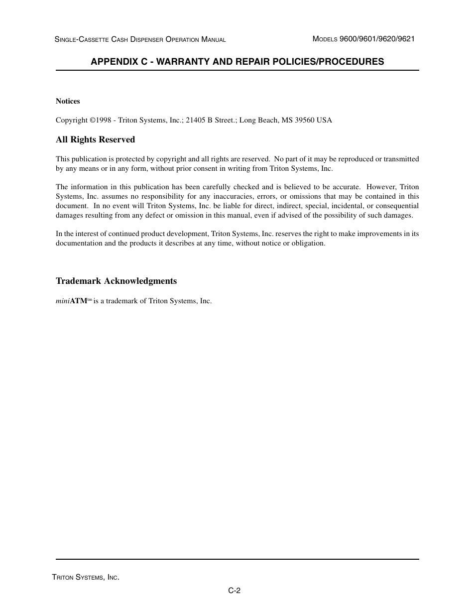 All rights reserved, Trademark acknowledgments | Triton 9621 Operation Manual User Manual | Page 202 / 209