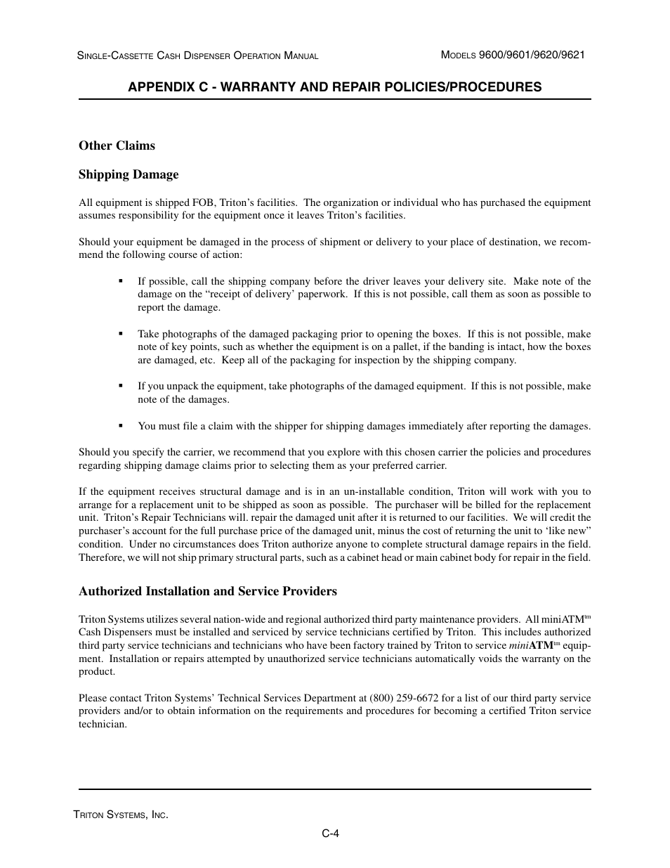 Other claims shipping damage, Authorized installation and service providers | Triton 9621 Operation Manual User Manual | Page 204 / 209