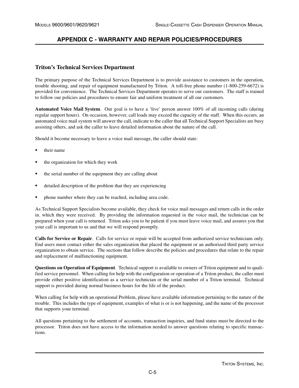 Triton’s technical services department | Triton 9621 Operation Manual User Manual | Page 205 / 209