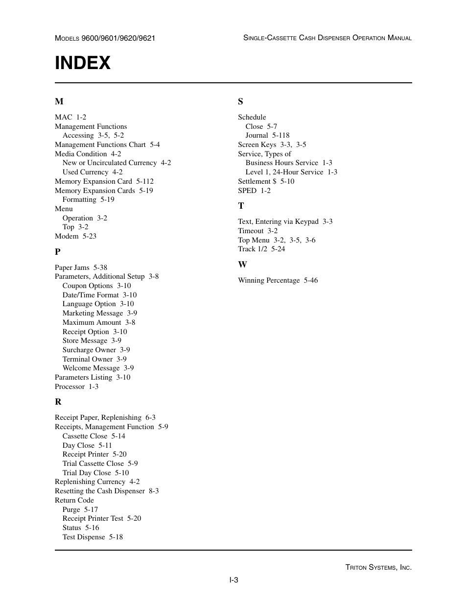 Index | Triton 9621 Operation Manual User Manual | Page 209 / 209