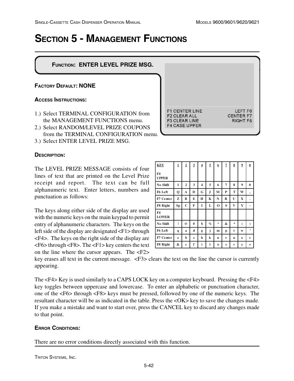 5 - m, Ection, Anagement | Unctions, Enter level prize msg. f, None a | Triton 9621 Operation Manual User Manual | Page 84 / 209