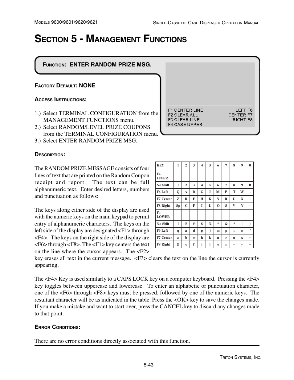 5 - m, Ection, Anagement | Unctions, Enter random prize msg. f, None a | Triton 9621 Operation Manual User Manual | Page 85 / 209