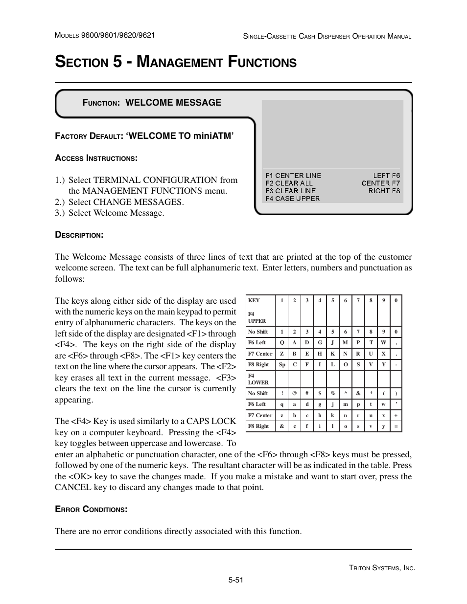 5 - m, Ection, Anagement | Unctions, Welcome message f, Welcome to miniatm’ a | Triton 9621 Operation Manual User Manual | Page 93 / 209
