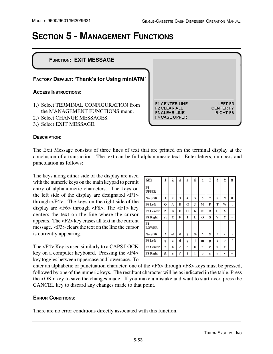 5 - m, Ection, Anagement | Unctions, Exit message f | Triton 9621 Operation Manual User Manual | Page 95 / 209