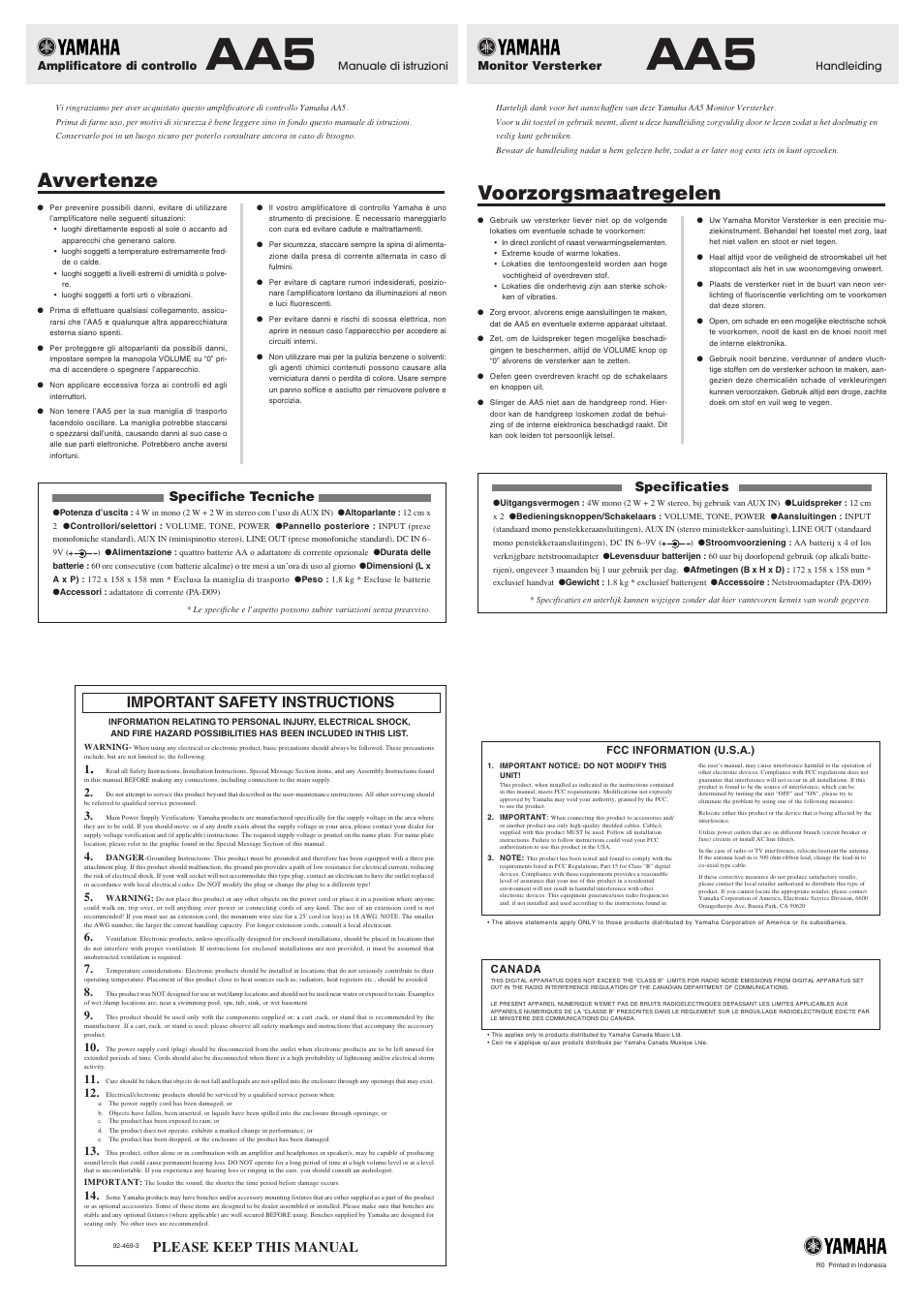 Avvertenze, Voorzorgsmaatregelen, Important safety instructions | Please keep this manual, Specifiche tecniche, Specificaties, Amplificatore di controllo, Monitor versterker | Yamaha AA5 User Manual | Page 2 / 4