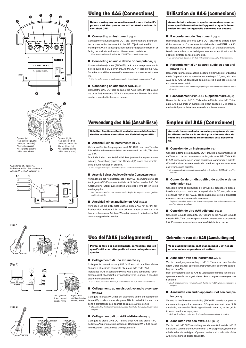 Using the aa5 (connections), Utilisation du aa-5 (connexions), Verwendung des aa5 (anschlüsse) | Empleo del aa5 (conexiones), Uso dell’aa5 (collegamenti), Gebruiken van de aa5 (aansluitingen) | Yamaha AA5 User Manual | Page 4 / 4