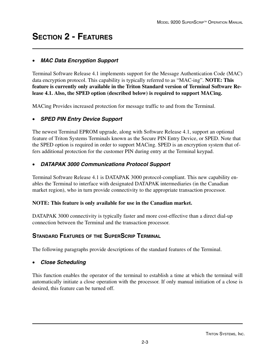 2 - f, Ection, Eatures | Triton 9200 Operation Manual User Manual | Page 13 / 179